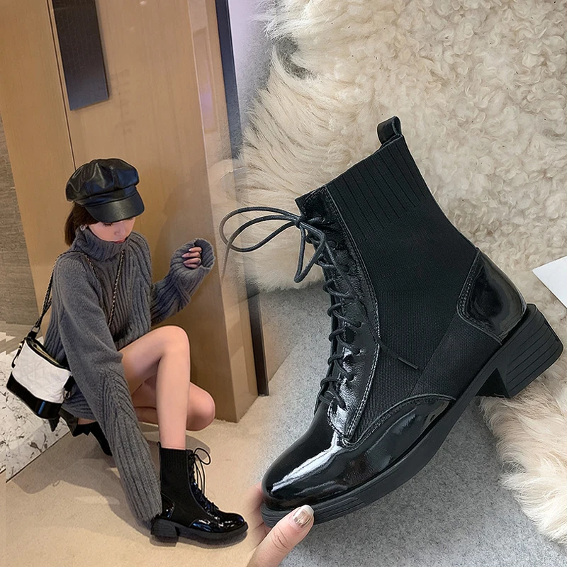 

Women ankle boots plus size 22-27 cm autumn and winter boots women Leather stretch fabric stitching ladies Hosiery boots fashion