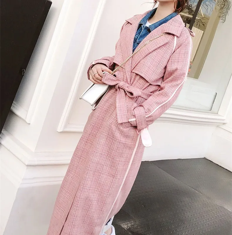 Gris down Casual Survêtement Lâche Plaid Pardessus Tranchée Longues Turn Manteaux Ceinture Femmes Col Automne rose Manches Hiver Long Nouveau Élégant 8EUXqU