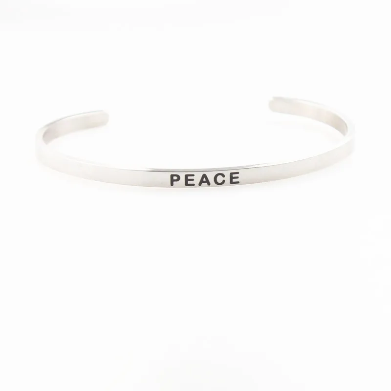 PEACE Engraved Stainless Steel Bracelets Bangles Silver Color Engraved Positive Quotes Women Mantra Bracelet Gift For Men