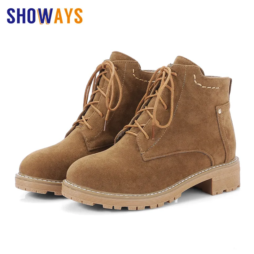

Winter British Women Plush Martin Boots Brown Flock Round Toe Medium Square Heel Retro Casual Lace-up Short Ankle Platform Boots