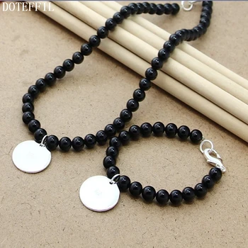 

DOTEFFIL Balck Agate 8mm Beaded Chain 925 Silver Round Tag Pendant Necklace Bracelet Set For Women Wedding Engagement Jewelry