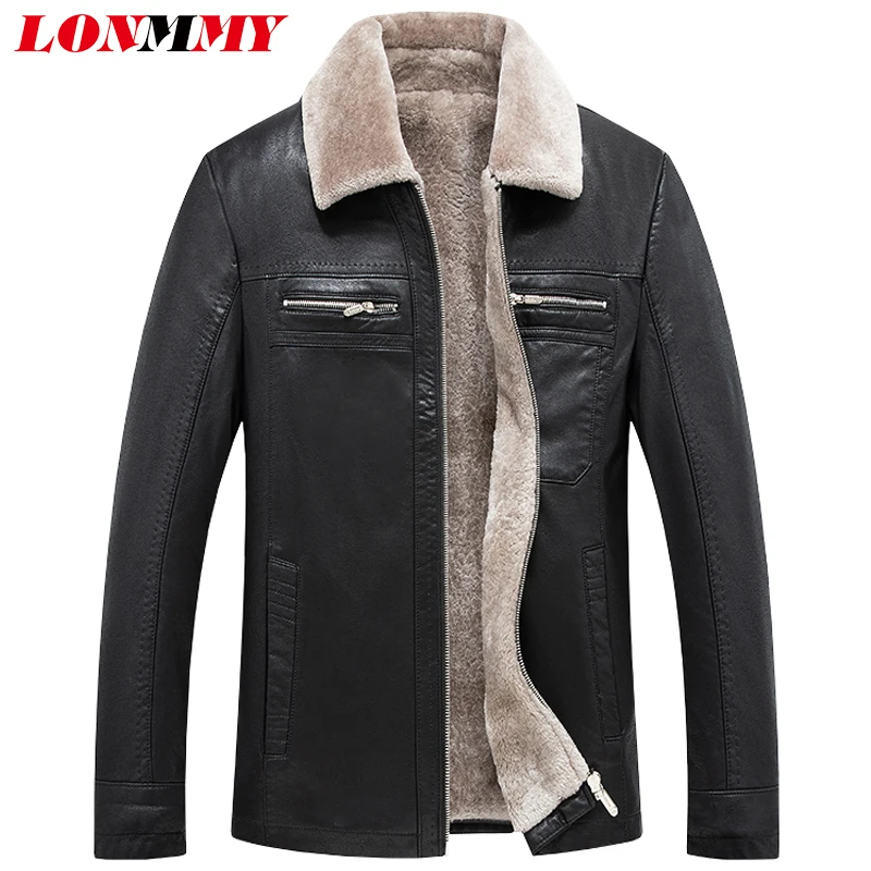 LONMMY Faux leather jacket men Suede PU winter coat men motorcycle leather jacket Velvet thickening Plush liner black Dark green