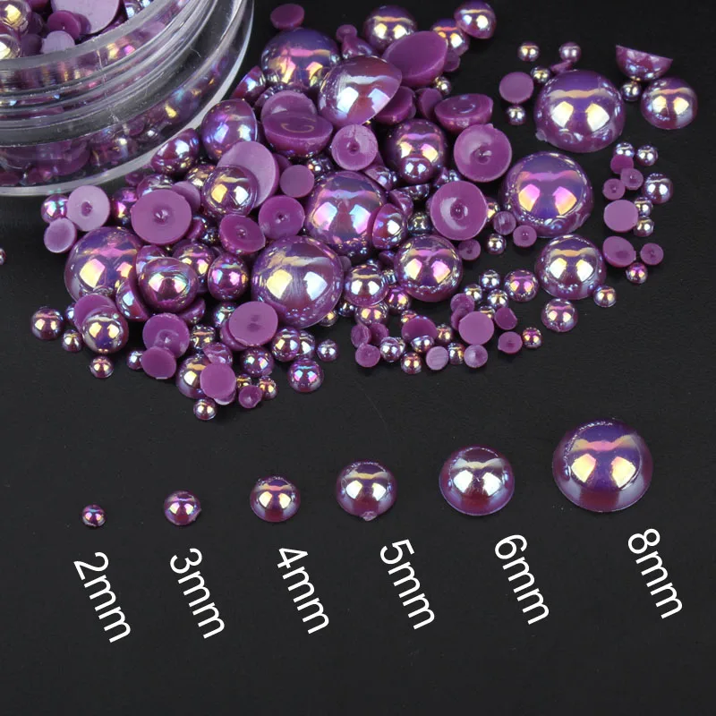 

DK Purple AB colors Mix Size ABS Plastic beads About 15g/lot Half Round Pearls for Phone Case DIY accessories free shipping