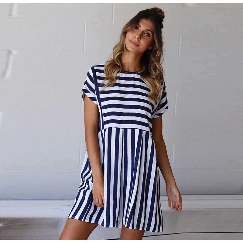 Lossky Women Summer Beach Dress A-Line Striped Short Sleeve O-Neck Print Dresses Casual Pink Mini Style Dress 2018 Sexy Sundress Dresses