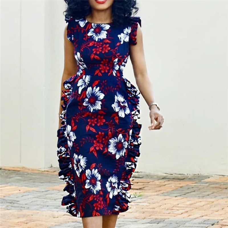 

Women Summer Printed Dresses Red White Blue Floral Vintage Sleeveless Elegant Female Retro Modest Classy Ruffle Slim Robes Tunic