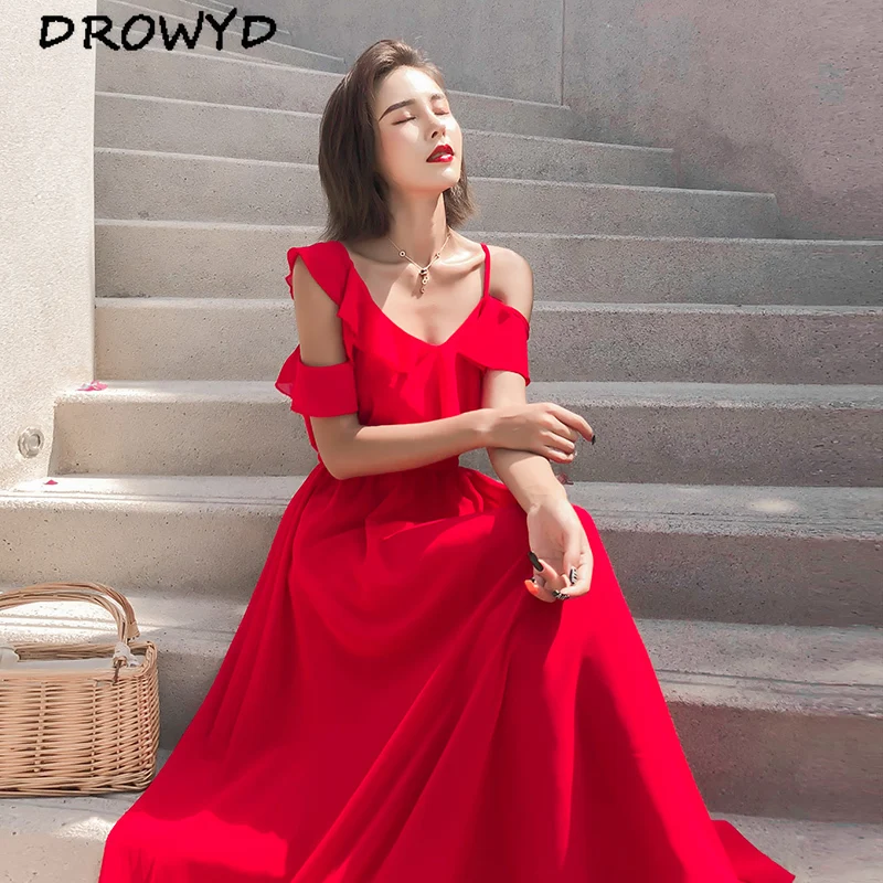 

DROWYD Summer Boho Backless Sexy Maxi Dress Women Red Chiffon Casual Elegant Bohemian Sling Beach Club Party Dresses Vestidos