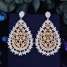 GODKI 75mm Luxury Trendy Flower Boom Gold Silver 2 Tone MixedZirconium Naija Wedding Party Earring Fashion Jewelry for Women