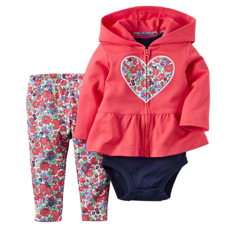 Комплекты одежды из 3 предметов для маленьких мальчиков, пальто с капюшоном+ комбинезон с длинными рукавами и принтом+ штаны, одежда для маленьких девочек, костюм для малышей от 6 месяцев до 24 месяцев