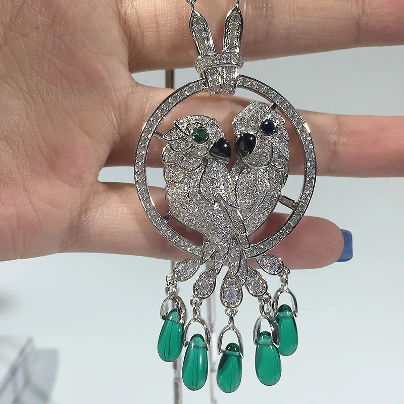 

Two Parrots Bird Necklace Big Cubic Zirconia Animal Party Jewelry Luxury brand green stone Exaggerated pendant cz necklace