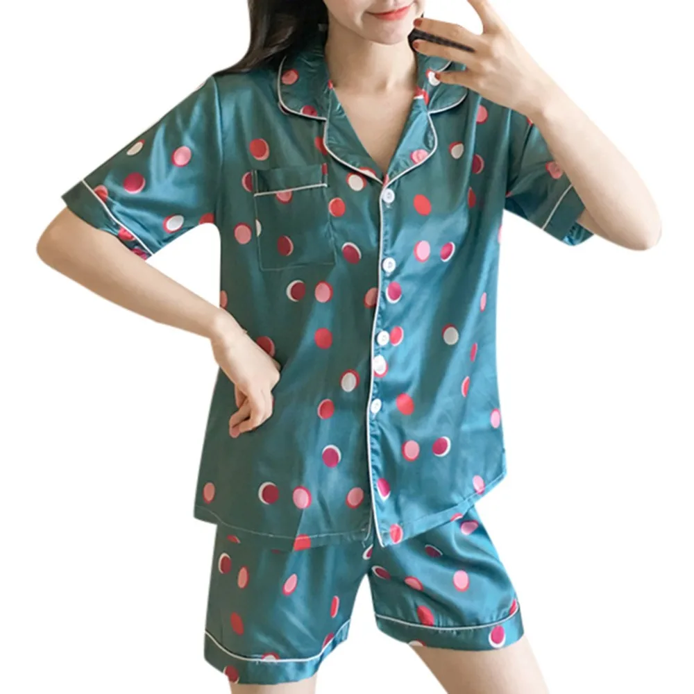Летние женские пижамные комплекты, имитация шелка, свободная одежда для сна в горошек, комплект из 2 предметов, рубашка с коротким рукавом и шорты, пижама, одежда для сна BB4