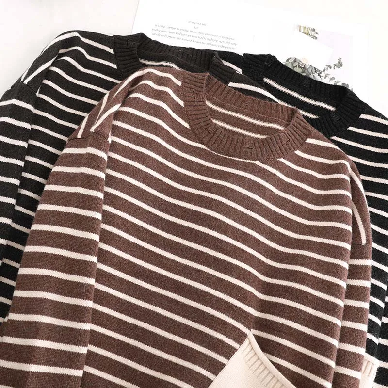 Coreano Modo 2018 Maniche Kint Maglione Alta Cotone Pullover Plus Delle Inverno Strisce Donne A Grigio Di Autunno Lunghe coffee dgray Black Size Casual Qualità OqnCwIaTC