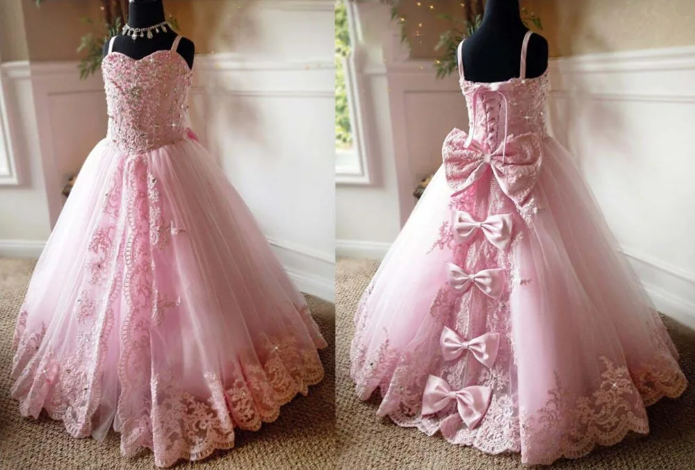 Pink lace up back crystals rhinestones princess beauty pageant gown spaghetti straps sweetheart flower girl dresses with bow Pink lace up back crystals rhinestones princess beauty pageant gown spaghetti straps sweetheart flower girl dresses with bow