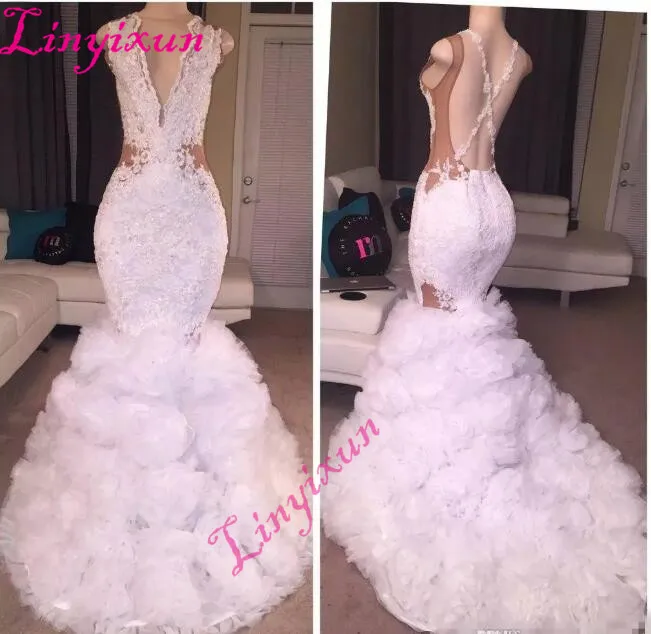 

2018 Newest Designer Lace Mermaid Prom Dresses Plunging V Neck Puffy Skirt Sexy Criss Cross Backless Long Train Evening Dresses