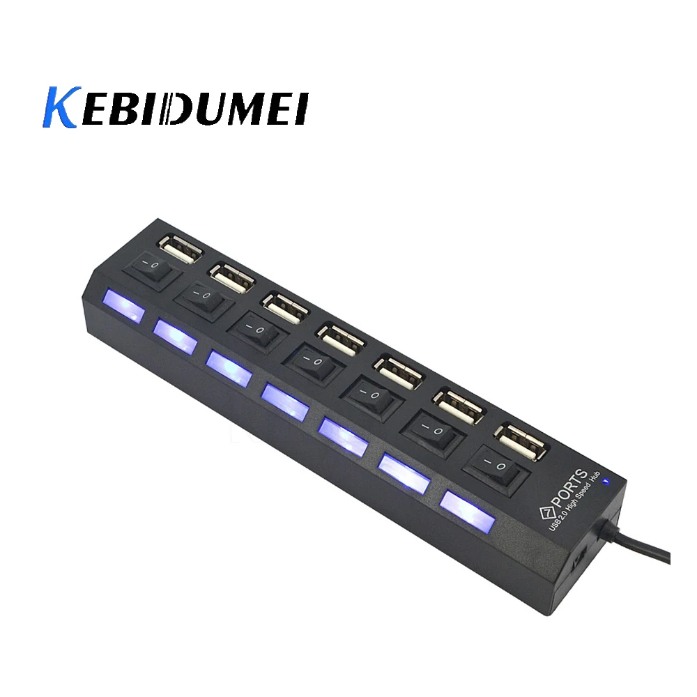 Kebidumei новейший высокоскоростной концентратор с 7 портами USB 2,0 с переключателем светодиодный индикатор 5 Гбит/с для портативных ПК Windows XP Win7/8 Linux Mac OS