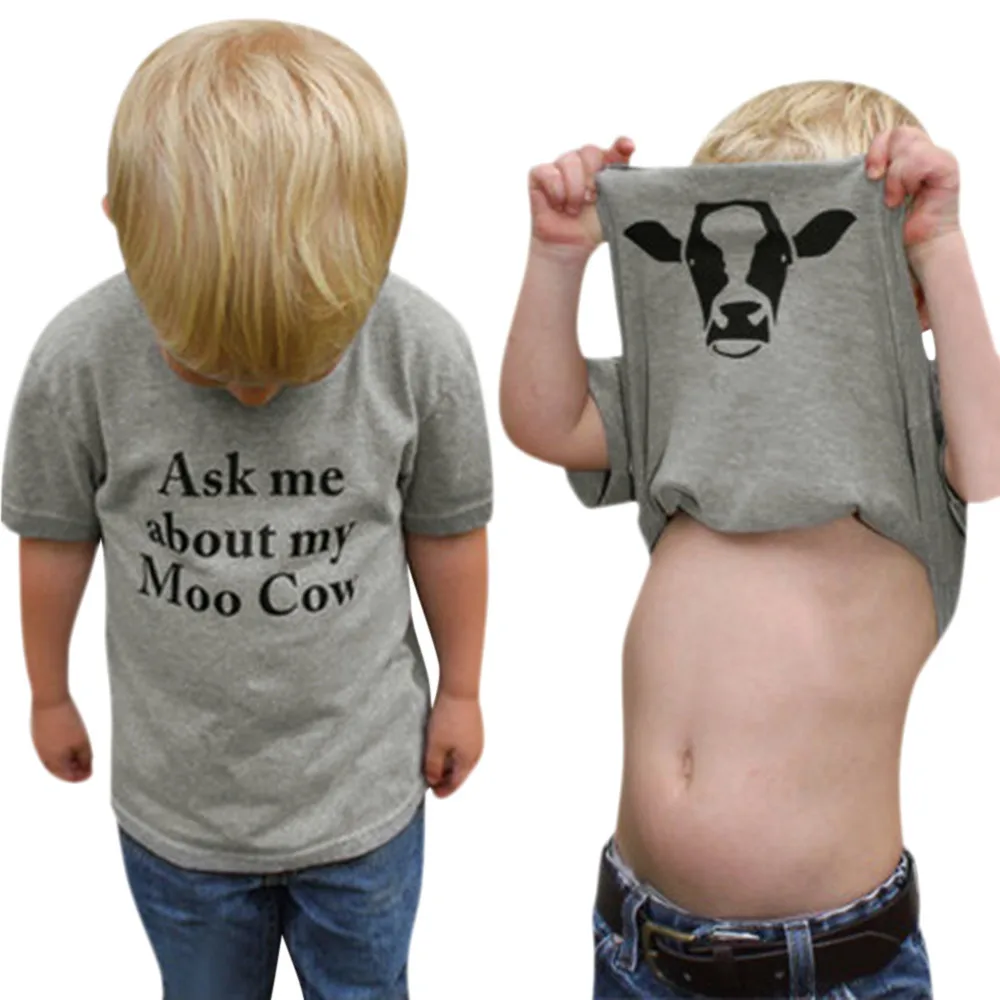 Детская футболка с надписью «ASK ME ABOUT MY MOO COW» Мягкие топы с надписью «Cow Inside» для маленьких мальчиков и девочек, Милая футболка