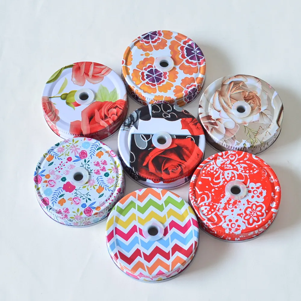 

4pcs/lot Flower Mason Jar Lids Daisy Flower Cut mason jars with straws hole drinking Metal Jar Lids for Straws plumyl