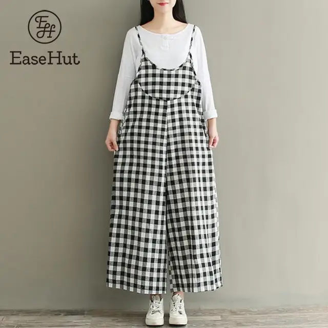 EaseHut Plus Size Rompers Women Check Plaid Dungaree Jumpsuits Overalls Vintage Strappy Casual Loose Harem Pants Long Trousers 1