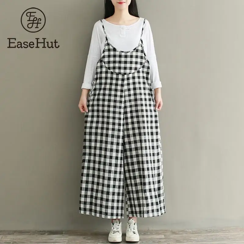 EaseHut Plus Size 3XL Rompers Women Check Plaid 2018 Jumpsuits Overalls Vintage Strappy Casual Loose Harem Pants Long Trousers