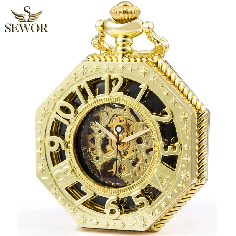 SEWOR Элитный бренд 2018 Новая мода золото Для мужчин спорт механические карманные часы подарок C260