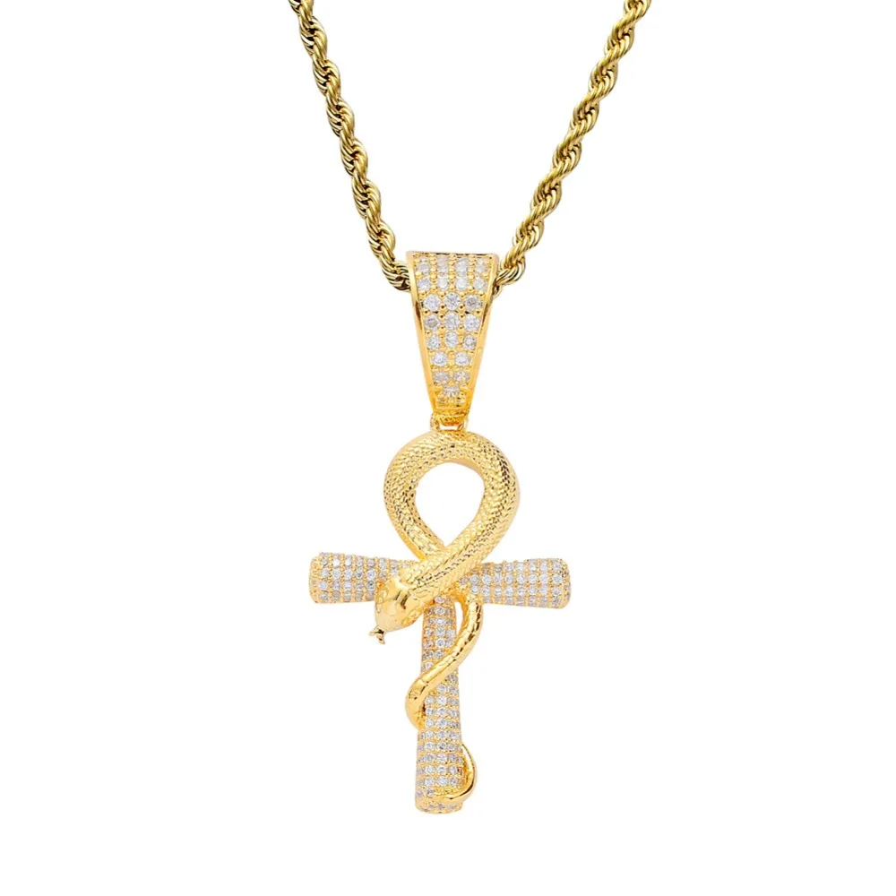 Men Hip hop iced out Egypt Ankh cross with snake pendant necklaces AAA Zircon male fashion pendants necklace Hiphop jewelry