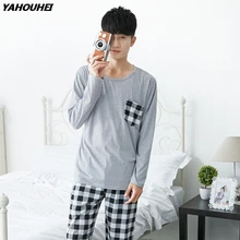 Тонкие хлопковые повседневные клетчатые Пижамные комплекты размера плюс для мужчин Осень Зима Пижама с длинным рукавом Мужская домашняя одежда для отдыха