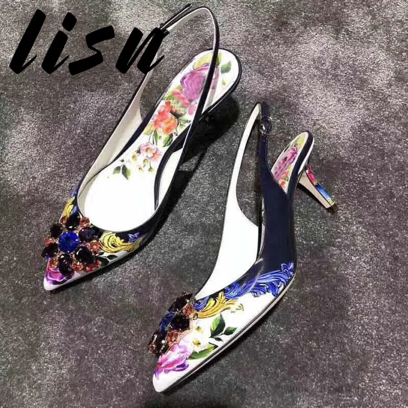 

LISN New Brand Genuine Leather Printed Floral Summer Pumps Sexy Pointed Toe Crystal Jewel HIgh Heel Pumps Dress Party Pumps