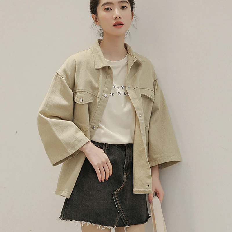 

Spring Autumn Thin Denim Jacket Women Turn-down Collar Three Quarter sleeve jeans Jacket Basic Coat Chic Jacket chaqueta mujer