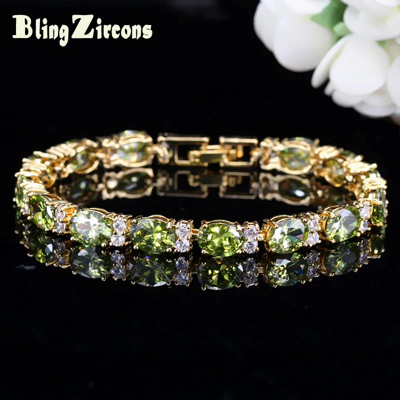 

BeaQueen African Nigerian Gold Color CZ Chain Link Bracelet for Women Ladies Olive Green Cubic Zircon Crystal Jewellery B109