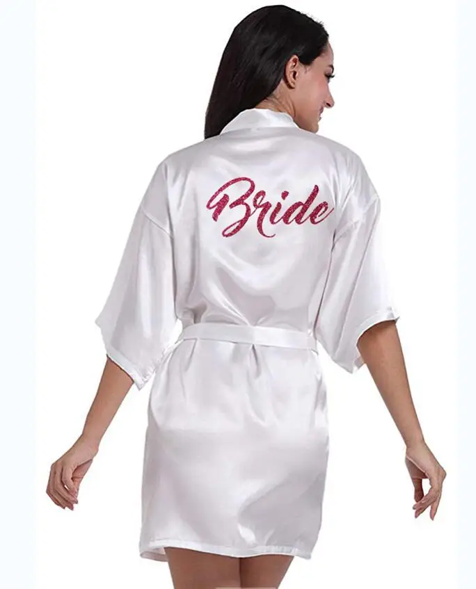 

RB70 2017 Sexy Bridal Party Robe Letter Bridesmaid on the Robe Back Women Short Satin Wedding Kimono Sleepwear Get Ready Robes