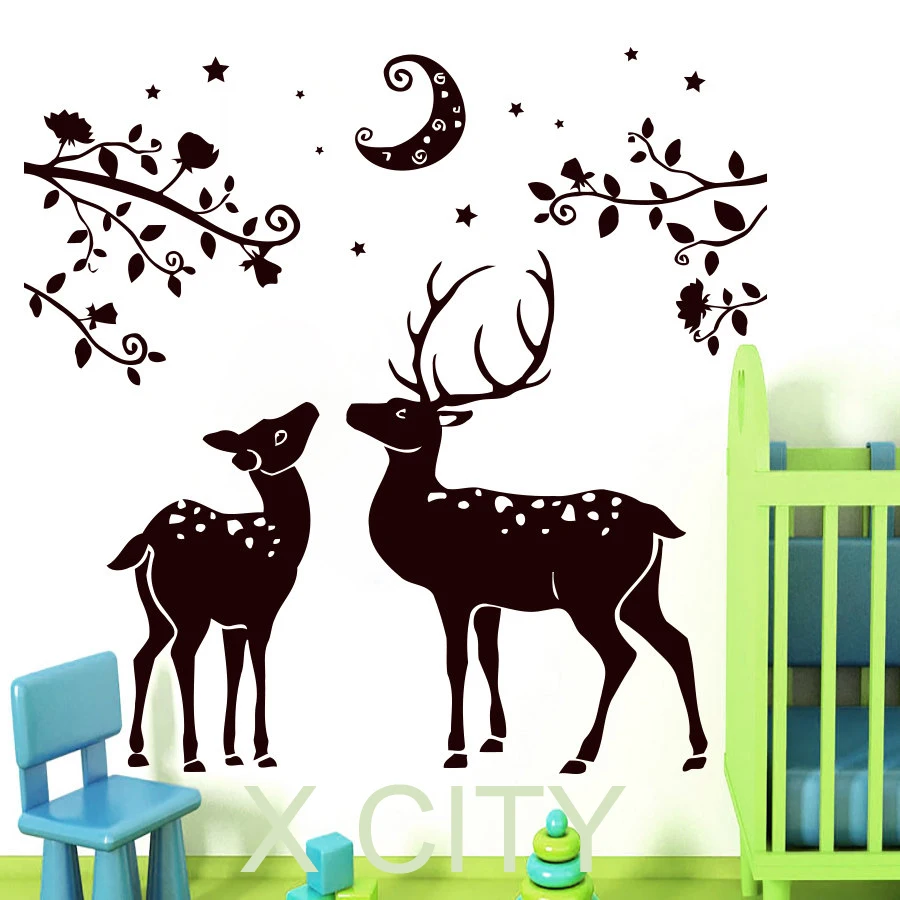 Get Kid Stencil Animal Aliexpress Alibaba Group Deer Couple Wall Decal Vinyl Sticker Art Home Decor Design Mural Magic Wood Moon Kids Nursery Children Baby Room Bedroom Stencil