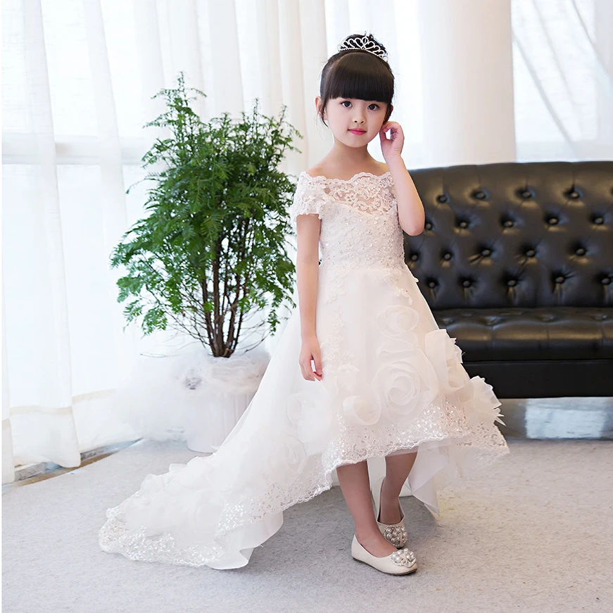 Новое корейское милое белое роскошное платье принцессы с кружевными цветами для девочек костюм на свадьбу и День рождения платье с длинным хвостом