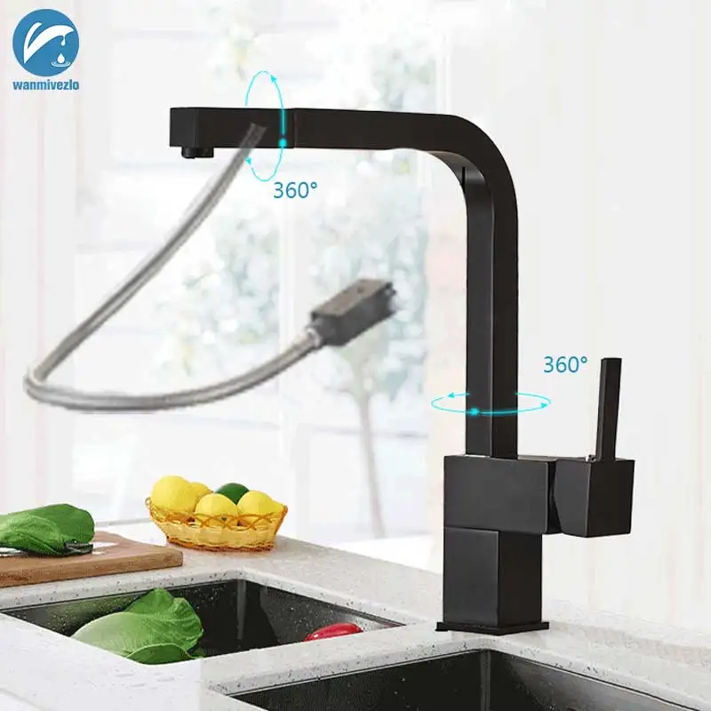 

Black Pull Out Kitchen Sink Faucet Deck Mounted Bathroom Kitchen Tap 360 Rotation Spout Water Tap Brass Square Handle Mixer Tap