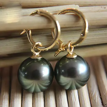 

Natural 14mm Tahitian Black South Sea Shell Pearl Gold GP Hook Earrings