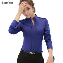 Lenshin 블루 셔츠 Women Wear Office Lady V-Neck 칼라 블라우스 전문 탑