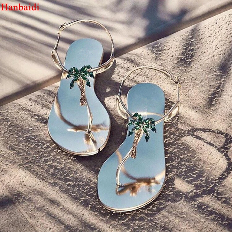 

Hanbaidi Handmade Flowers Jeweled Palm Tree Thongs Sandals Women 2018 New Flats Narrow Band Flip-flop Crystal Sandals Woman 2018