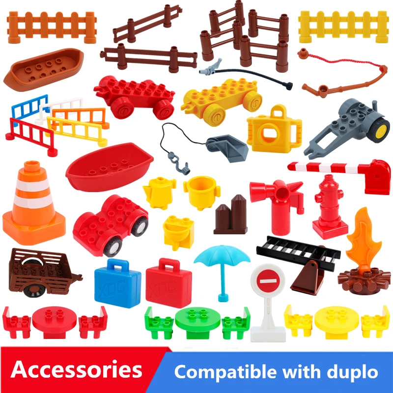 

Big Size Diy Building Blocks Fire Suitcase Fence Torch Tables Bulk Accessories Compatible With Duploed Toys For Children Gifts