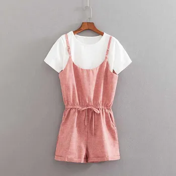 

Plus Size Women Solid Summer Shirts+Playsuits 2 Piece Set Casual Short Sleeve T-Shirts Shorts Set Loose Lace Up Playsuits Set