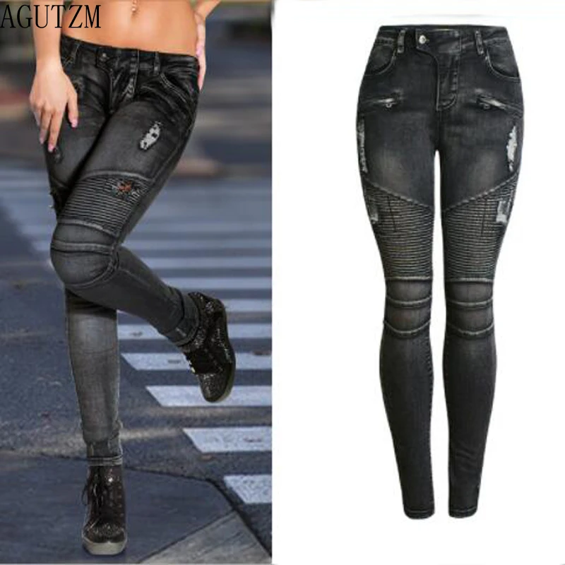 AGUTZM Women`s Motorcycle Biker Zip Mid High Waist Stretch