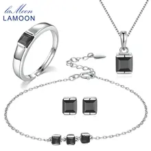 Luoon S925 серебро 4x4 мм 0.6ct черный халцедон натуральный набор для женщин кольцо+ серьги+ ожерелье+ браслет ювелирные изделия V008-B-1