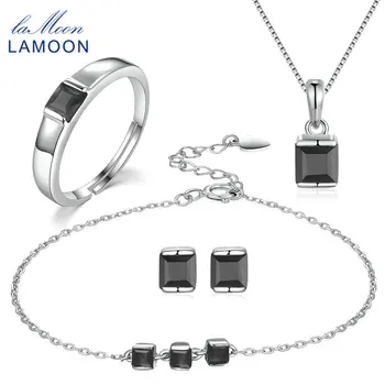 

LAMOON S925 Sterling Silver 4x4mm 0.6ct Black Chalcedony Natural Sets For Women Ring+Earrings+Necklace+Bracelet Jewelry V008-B-1