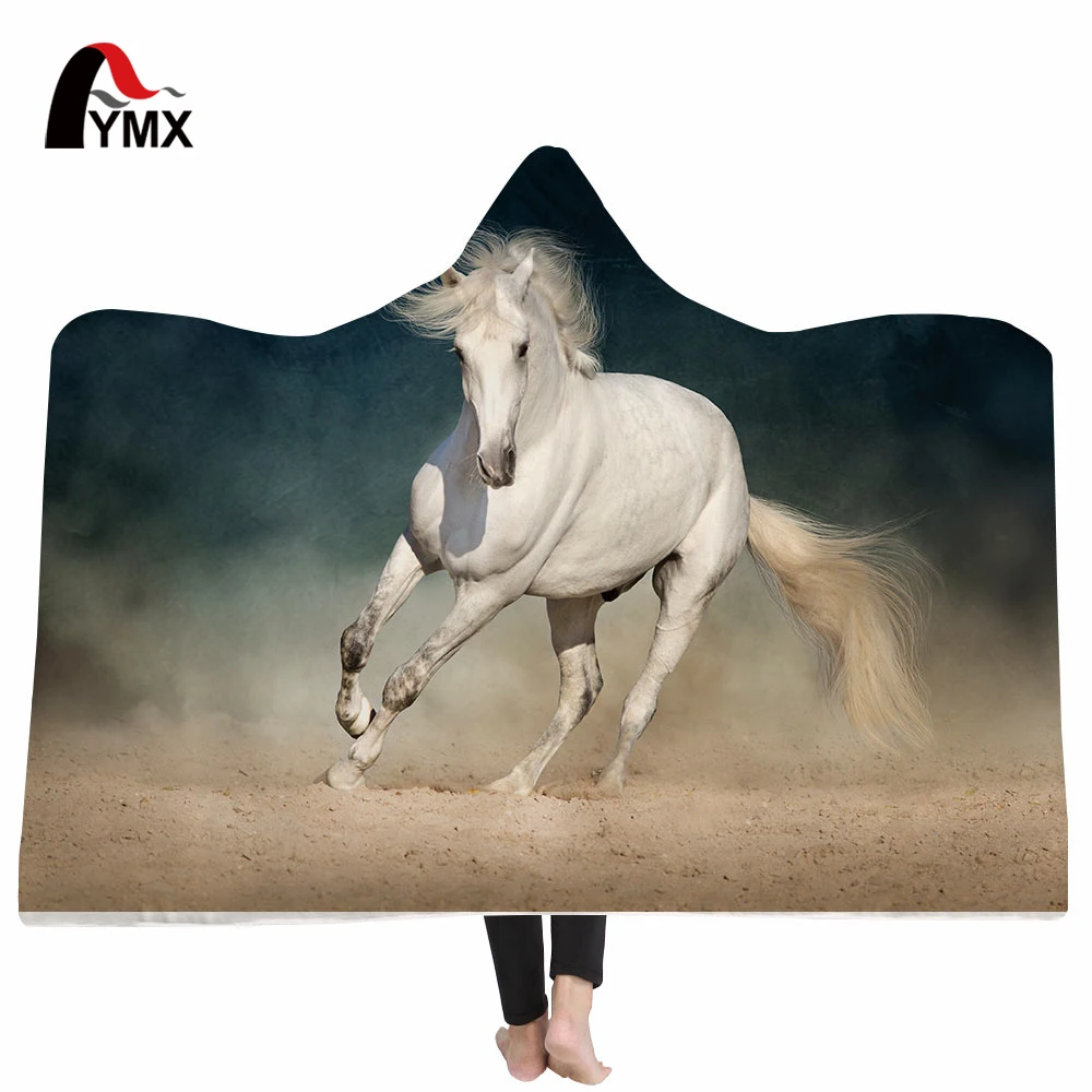 

FYMX Horse Hooded Blanket Soft Fleece Blankets Playing Game Blanket 3D Printed Animal Travel Mantle Using Sofa Couch Cover