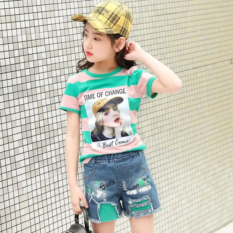 Комплект летней одежды из 2 предметов для девочек 6, 8, 10, 12, 14 лет, хлопковая футболка с короткими рукавами и джинсы для девочек короткие наряды ensemble fille - Цвет: C24