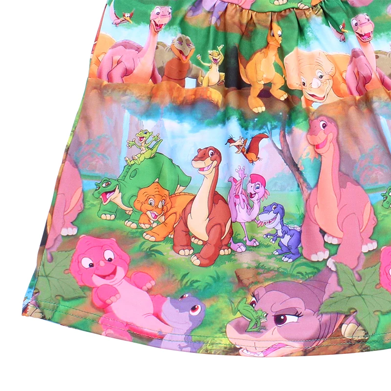 Красивая цветная детская одежда с круглым вырезом; платье с жемчужинами и принтом «Мир динозавров» для девочек; Детские платья из молочного шелка; цельнокроеные платья