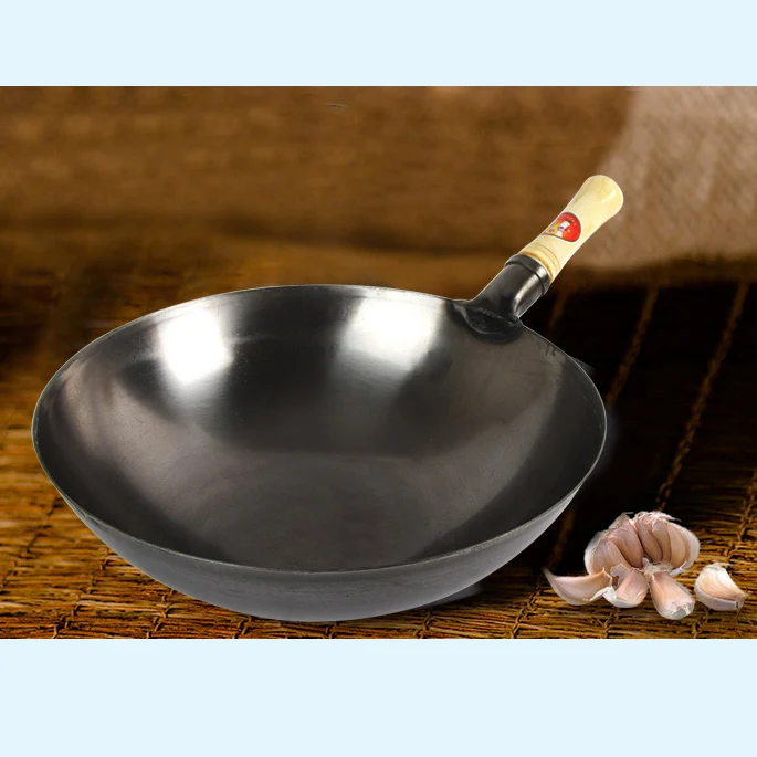 Традиционный китайский стиль железная, ручной работы горшок утолщение без покрытия с круглым дном сковорода вок Кук большой кухонный горшок деревянная ручка Крышка