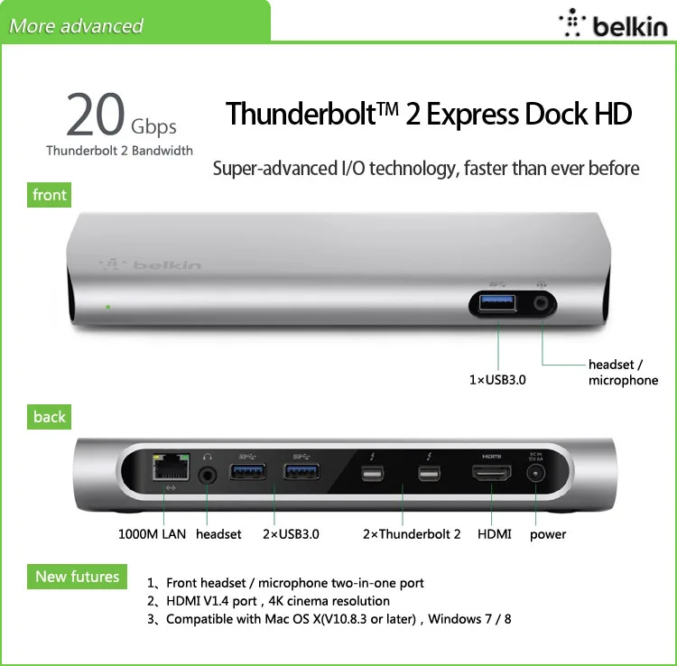 Belkin サンダーボルト 2 エクスプレスドック hd ケーブル (20 5gbps 、 USB3.0 、 HDMI1.4  、ネットワークカード、オーディオ/ビデオ) 小売包装 F4U085