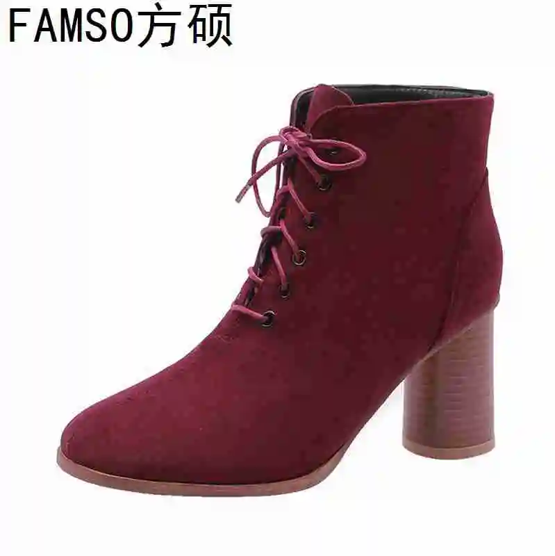 

FAMSO 2019 Shoes Women Boots thick Heels Size 34-43 Lace-up Fashion Western Boots Winter Short Ankle Boots High Heels