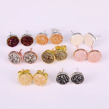 

10Pairs ZYZ182-0013 Raw Crystal Quartz Earrings Natural Stone Round Multi Color Titanium Drusy Geode Stud Earrings