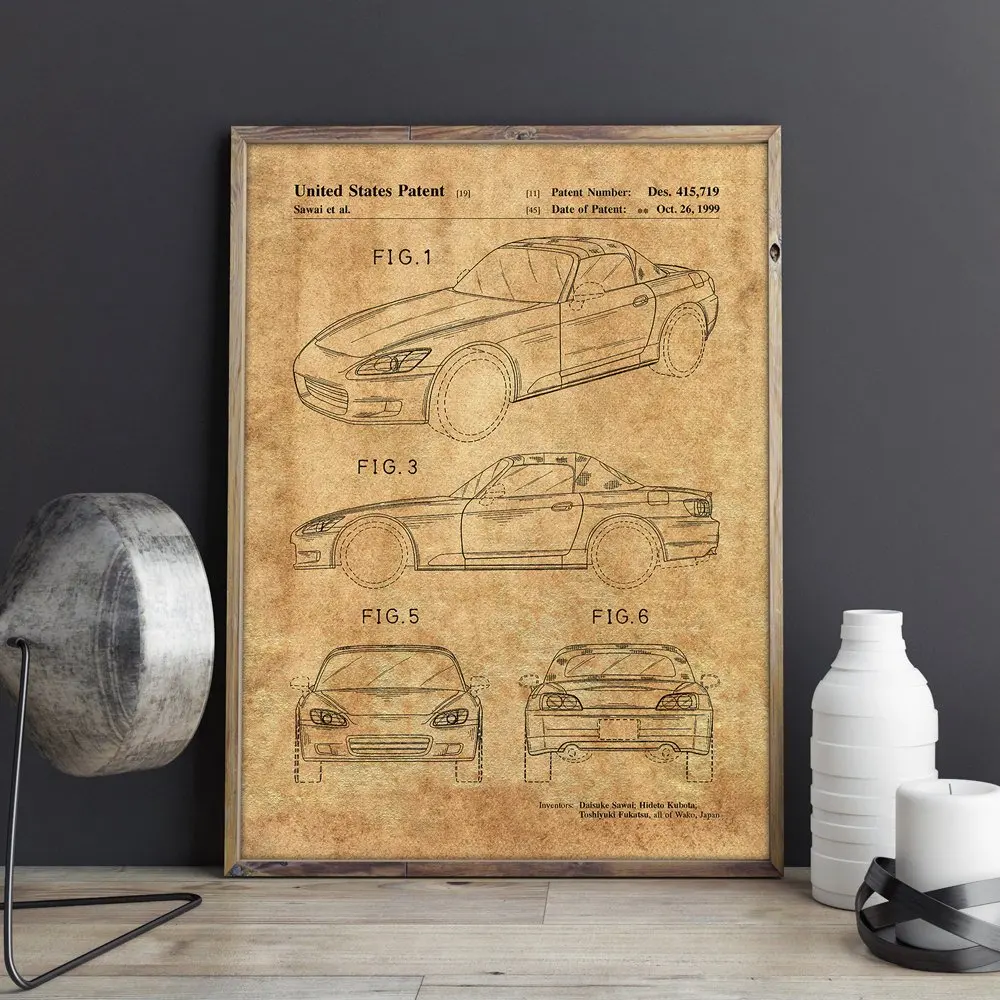 Спортивный автомобиль патент, Honda S2000 произведение искусства, авто стены искусства плакат, декор комнаты, печать, схема, идея подарка, украшения стены