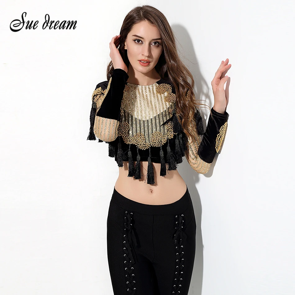 

HIGH QUALITY Newest Fashion 2017 Designer Top Women's Long Sleeve Luxury Handwork Beading Tassel Crop Top Women Basic Coat
