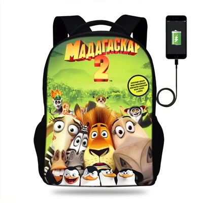 16-дюймовый шпилька милые школьные рюкзаки для девочек-подростков, Мадагаскар рюкзак для детей мальчиков зарядка через usb школьный рюкзак для детей, сумка для ноутбука - Цвет: N16K0428
